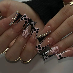 24Pcs Long Coffin Leopard Print False Nails with Glue Sweet Cool Diamond Fake Nail Set Floral French Press on Wearable Nail Tips