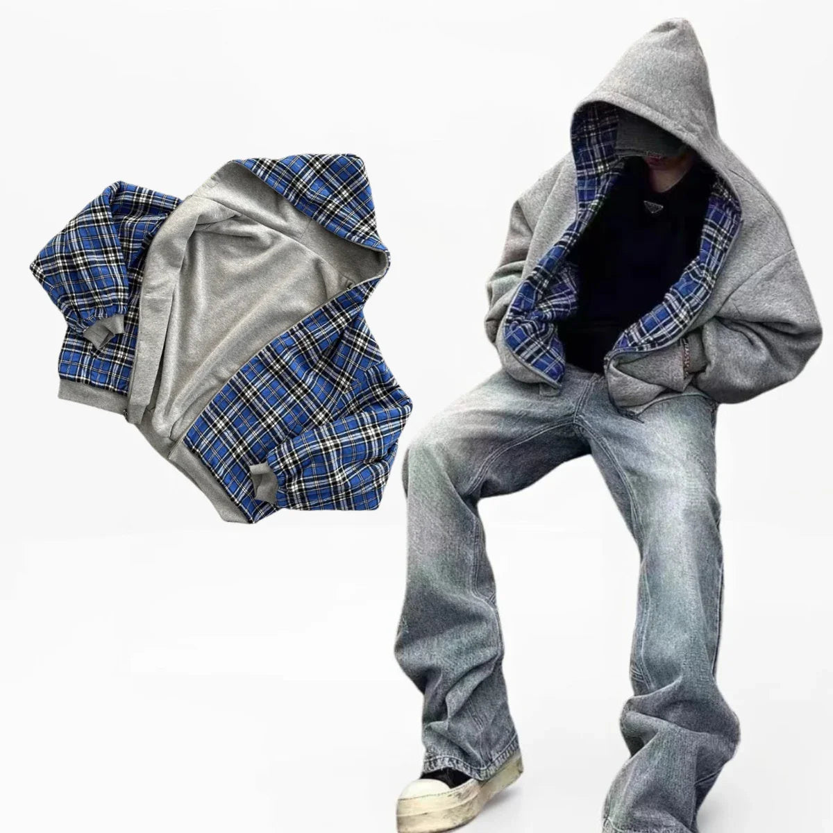 American Two-Sided Hoodie Sweatshirt Hip Hop Harajuku Sweatshirts Zipper Hoodie Oversized Streetwear Jacket Y2k Clothes