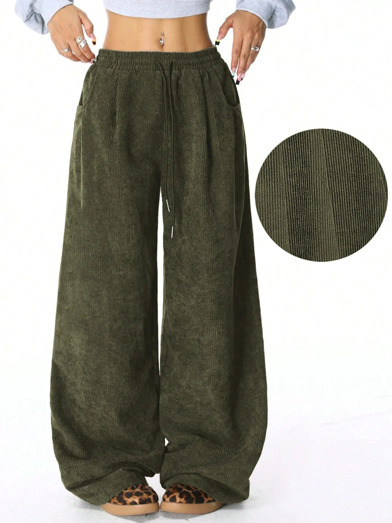 Retro Corduroy Cargo Pants Casual Drawstring Straight Sports Pants Drape Daily Commuting Wide Leg Pants