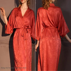 Luxury Jacquard Long Robe Nightgown Half Sleeve Kimono Bathrobe Gown Satin Ice Silk Sleepwear Home Dress Lounge Wear