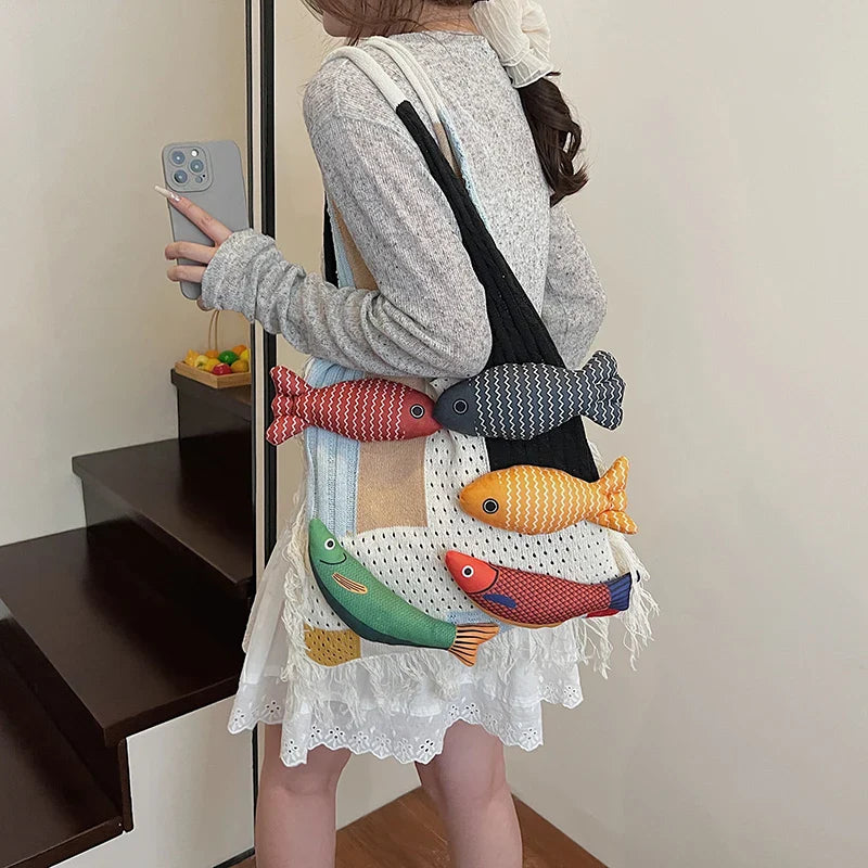 Cute Little Fish Relaxed Knitted Bag Commuter Versatile Shoulder Bag Contrasting Cut Out Tote Bag