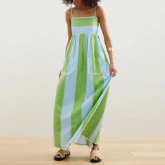 Combhasaki Striped Adjustable Thin Spaghetti Straps Ric-Rac Trim Flowy Beachwear A-line Slip Cami Pocket Long Dress