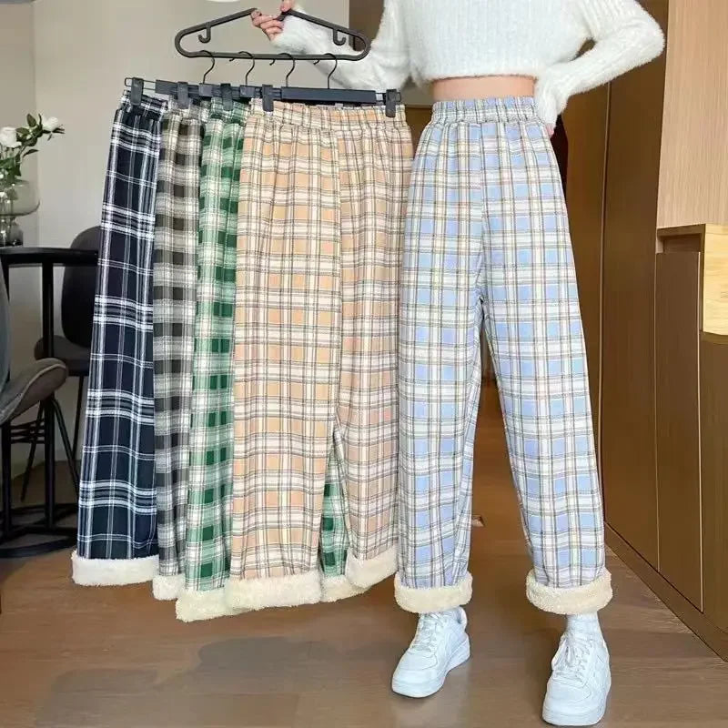 High Waist Fleece Lined Wide Leg Pants Comfortable Casual Korean Style Home Wear Slimming Trousers