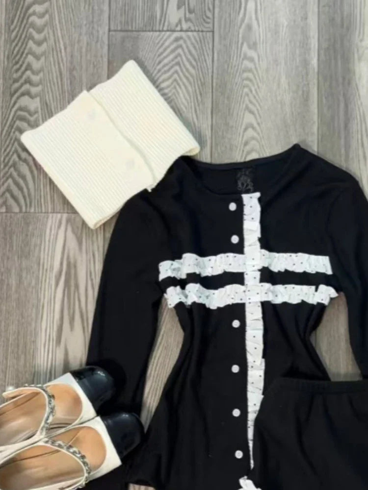 Gothic Vintage Subculture Black Slim 2-piece Set Girl Hepburn Patchwork Thin Y2k Suit