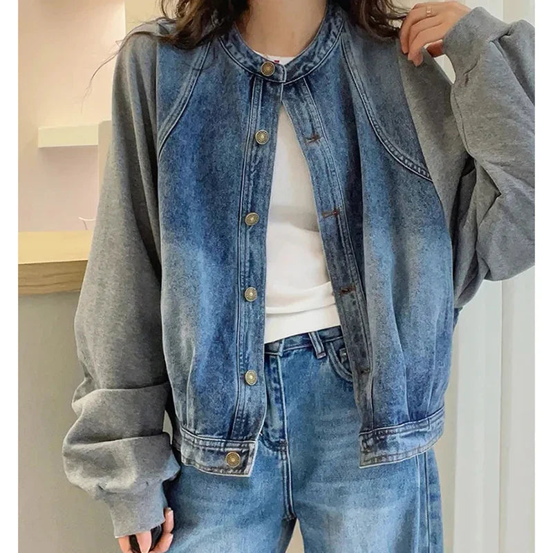 Harajuku Y2K Patchwork Denim Jacket O Neck Loose Casual Classic Coat Long Sleeve Single Breasted Rockabilly Baseball Jacke