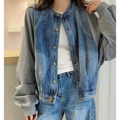 Harajuku Y2K Patchwork Denim Jacket O Neck Loose Casual Classic Coat Long Sleeve Single Breasted Rockabilly Baseball Jacke