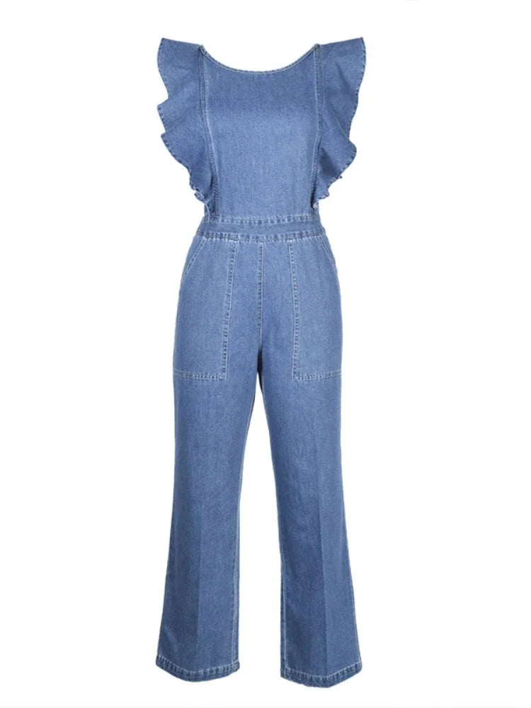 Blue Denim Overalls Jumpsuit Rompers Ruffles Backless 2020 Lady Casual Pants Jeans KALENMOS