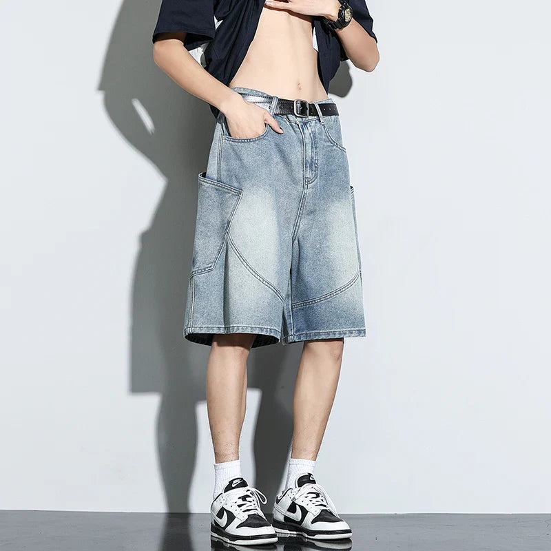Baggy Denim Shorts Casual Straight Harajuku Jeans Male Vintage Wash Drawstring Short Pants Streetwear
