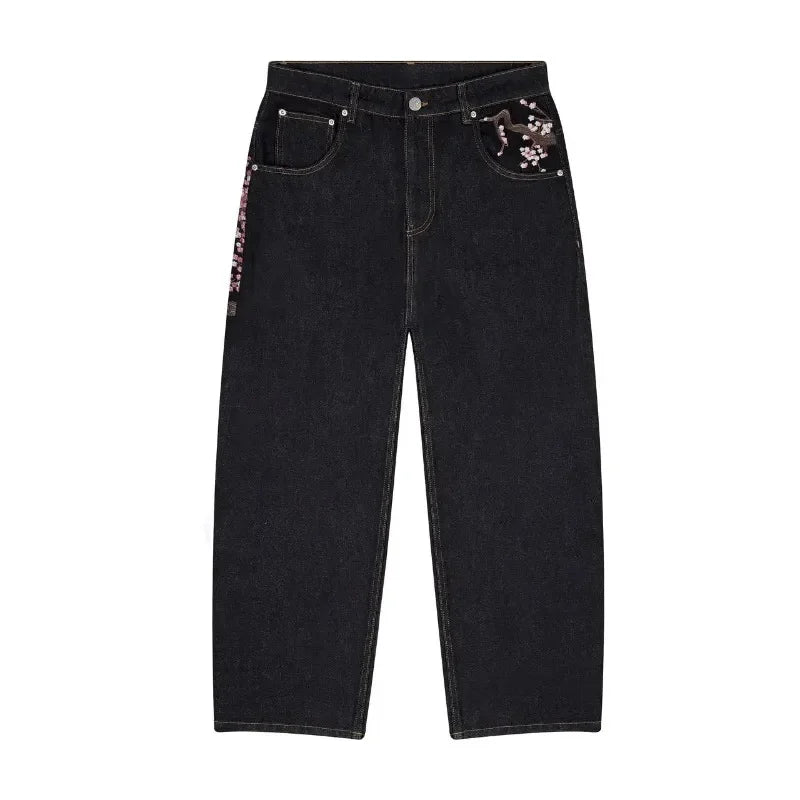 Baggy Jeans Plum Blossom Embroidery Y2K Harajuku Vintage Wide Leg Pants Denim Fabric Street Wear