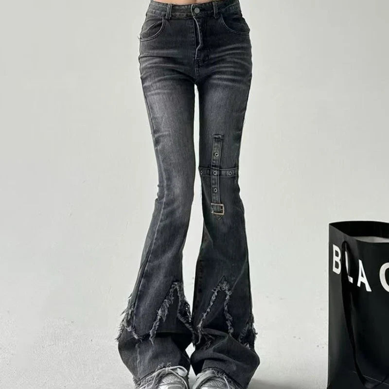 retro slim-fitting pants Y2k trendy wasteland trousers legs furrow stretch jeans