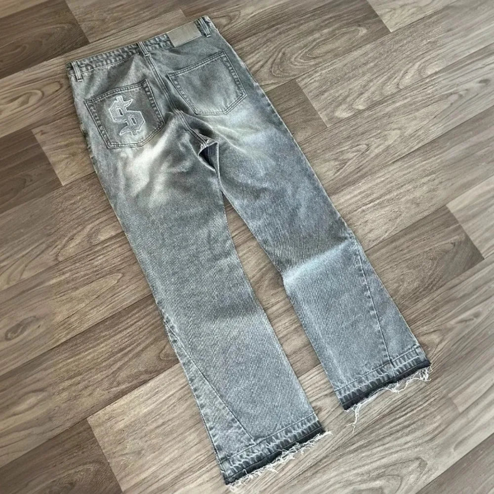Y2K Retro Gothic Dollar Pattern Embroidered Patchwork Jeans
