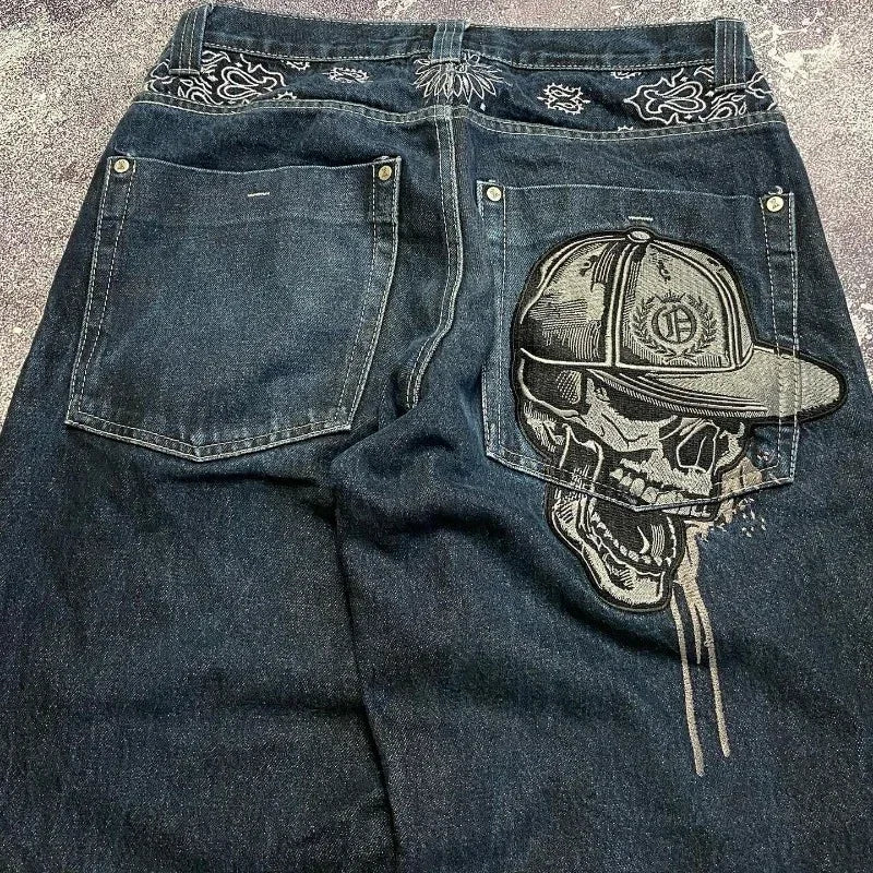 Y2k Hip Hop American Wide Leg Pants Gothic Zipper Skull Embroidered Jeans Harajuku Vintage High Waist Casual Jeans Unisex