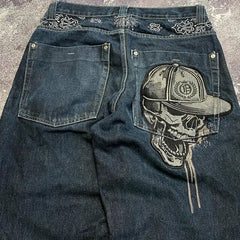 Y2k Hip Hop American Wide Leg Pants Gothic Zipper Skull Embroidered Jeans Harajuku Vintage High Waist Casual Jeans Unisex