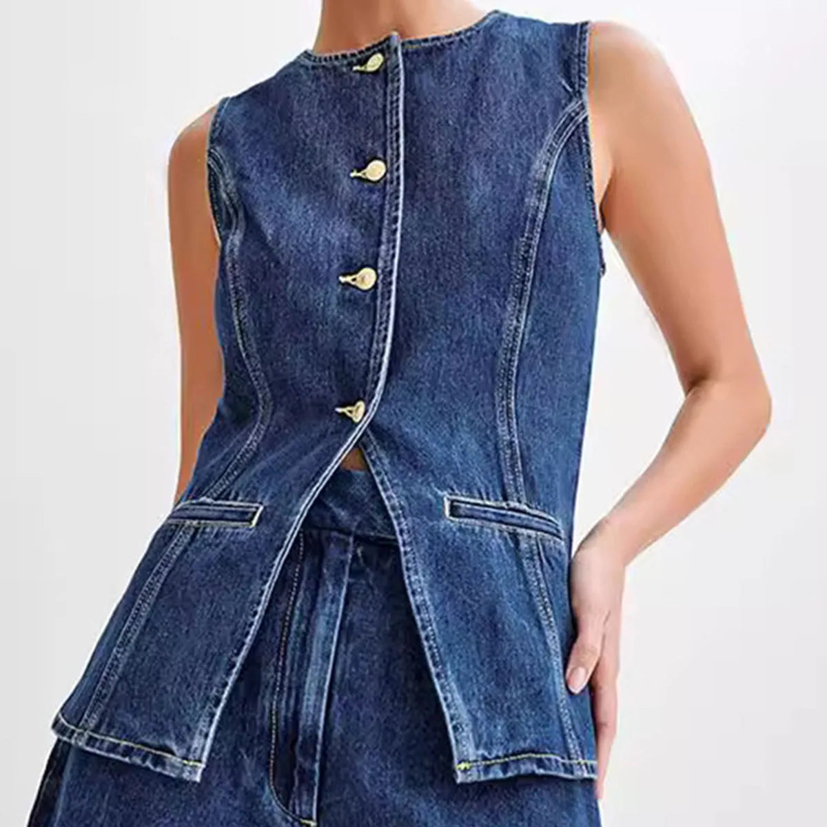 Denim Shorts Suit Sleeveless O-neck Single Breasted Split Top Vest High Waist Wide Leg Shorts Lady Sets