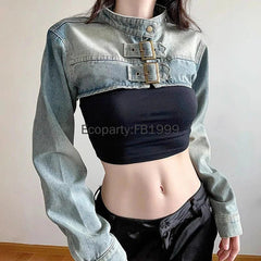 Denim Jacket Y2K Vintage Crop Tops Coat Japanese Harajuku Streetwear Outerwear