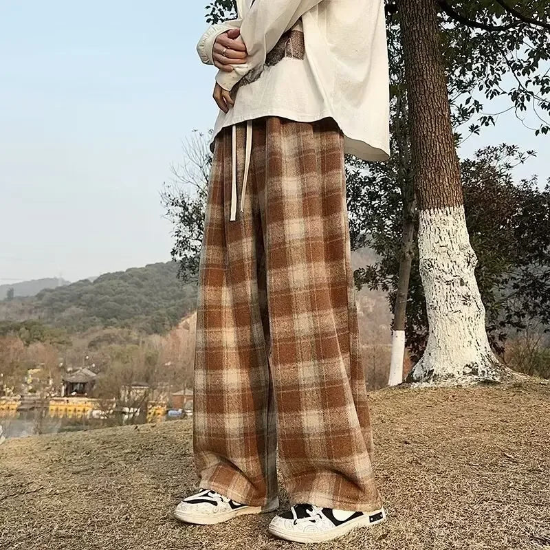 Vintage American Style Tweed Plaid Pants Loose Straight Wide Leg Casual Trousers Trendy Brand Punk Rock Streetwear
