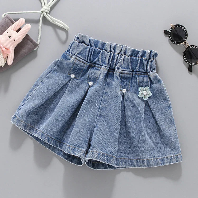 Girls Denim Shorts Korean Children's Pleated Jeans 4-12Years Teens Girls Short Jeans Pearl Decoration
