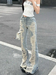 Goblin Core Abi Grunge Cyber Punk Flare Jean Y2k Japanese Harajuku Low Rise Ripped Denim Pants 2000s Bell-Bottom