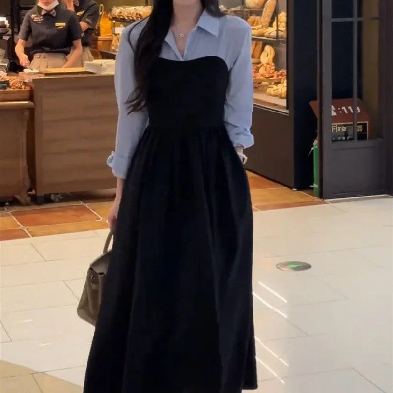 Arrival Two-piece Illusionshirt Black Long Sleeve Dress High-end Feel Matching Set