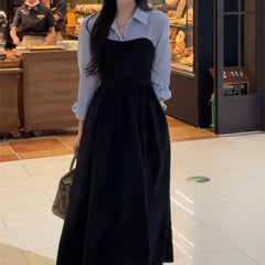 Arrival Two-piece Illusionshirt Black Long Sleeve Dress High-end Feel Matching Set