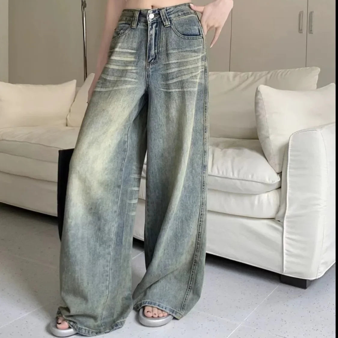 Vintage Wide-Leg Jeans Loose-Fit High-Waisted Slimming Casual Straight-Leg Long Pants Trendy On The Ground