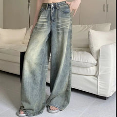 Vintage Wide-Leg Jeans Loose-Fit High-Waisted Slimming Casual Straight-Leg Long Pants Trendy On The Ground