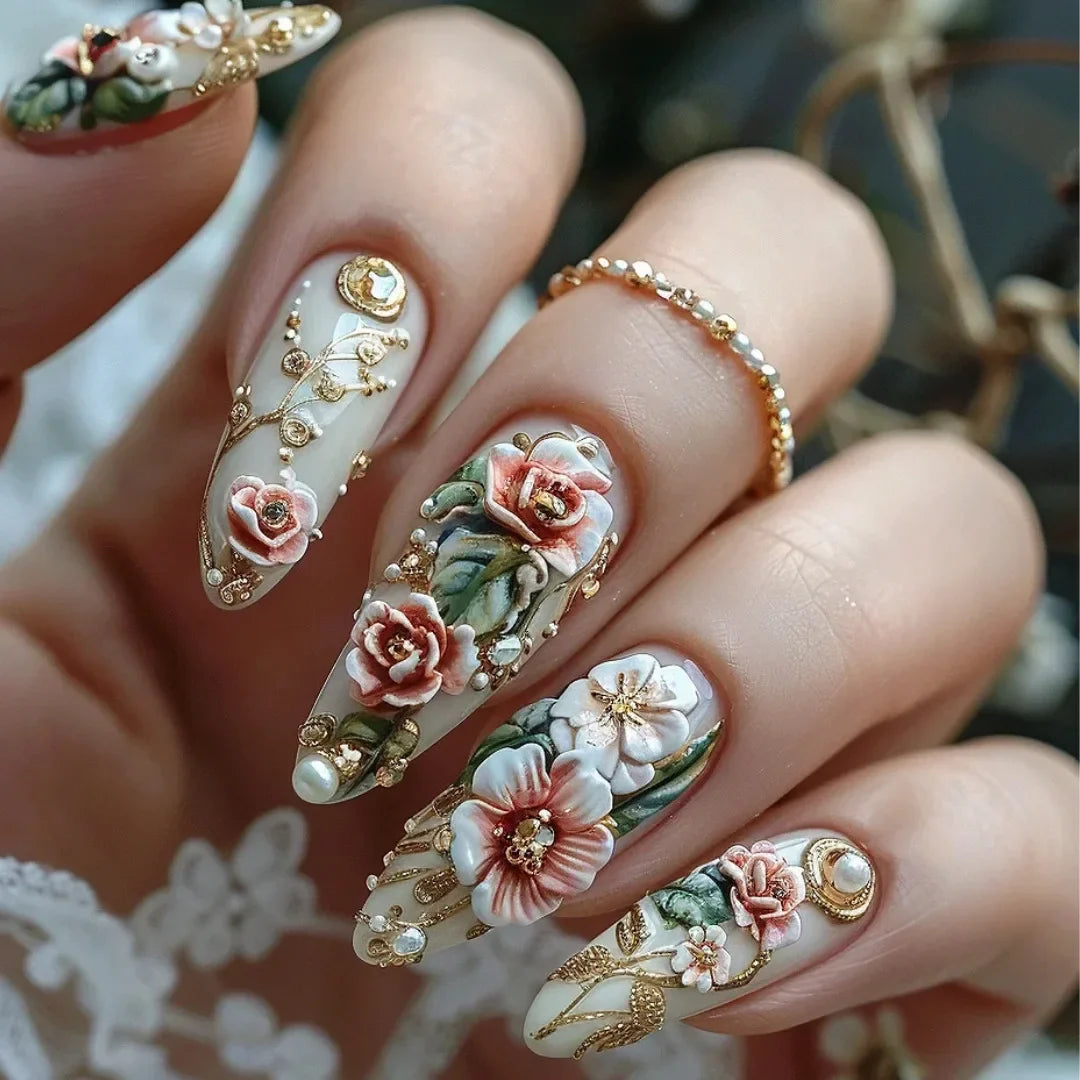 24pcs/set Medium long fake nails Swan fish flowers