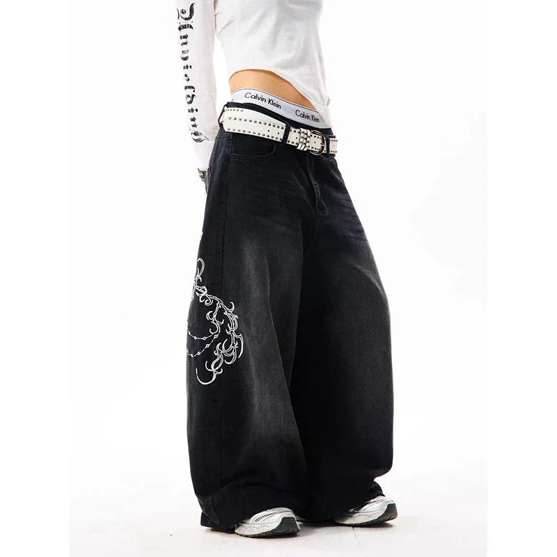 YIBASHU Vintage Embroidery Y2K Baggy Jeans High Waist 2000s Wide Leg Denim Pants American Retro Harajuku Trouser