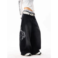 YIBASHU Vintage Embroidery Y2K Baggy Jeans High Waist 2000s Wide Leg Denim Pants American Retro Harajuku Trouser