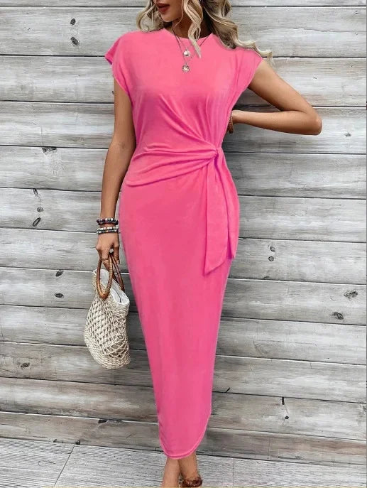 Elegant Waist Tie Striped Round Neck Short Sleeves Long Dress High-End Feel Clothing Skirt
