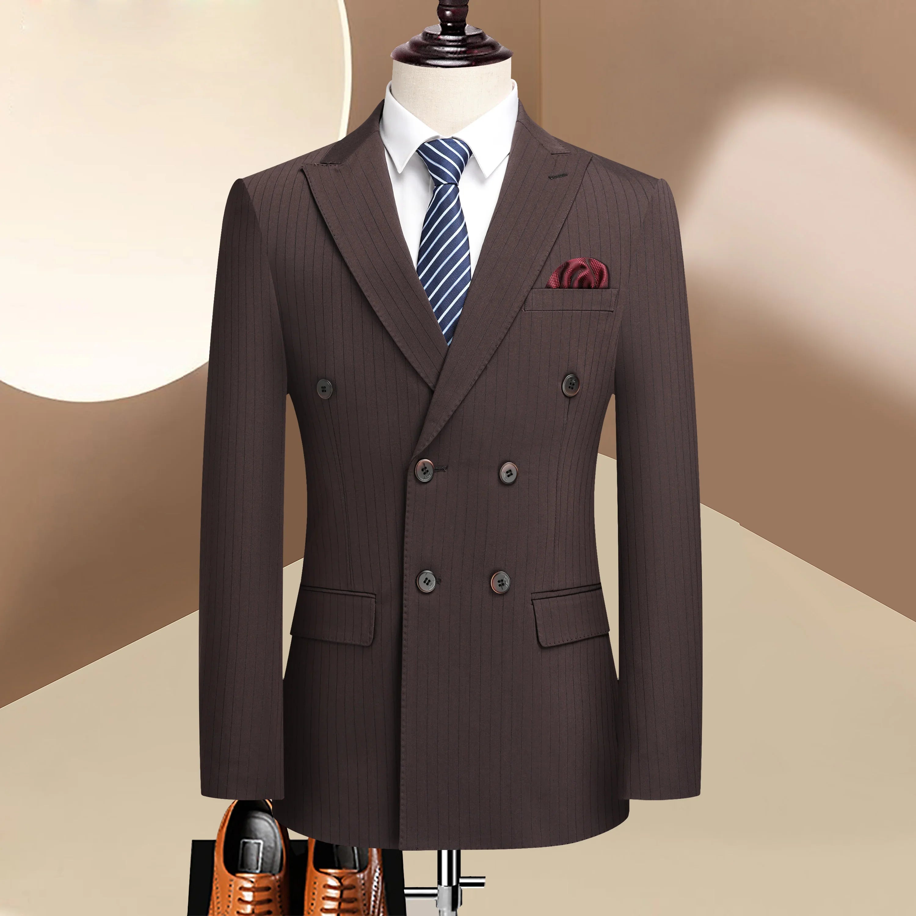 Wedding suit 3 Piece Striped wine red groom suit High-end business suit set Double-breasted dress