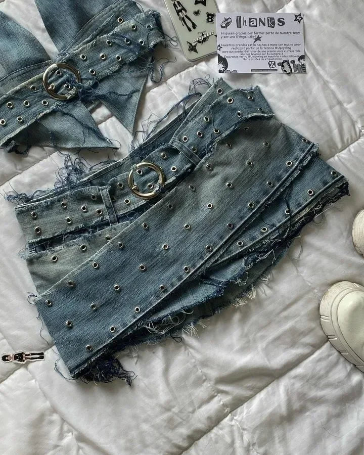 Y2K Black Leather Spliced Denim Two Piece Set Harajuku Zipper Long Sleeved Jacket Pleated Skirt Motorcycle Suit