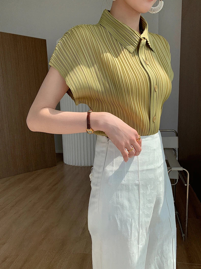 Miyake Pleated Cardigan Single Breasted Short Sleeve Polo Shirt Korean Causal Comfortable Clothing