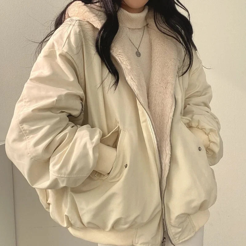 Korean Casual Cashmere Padded Double-Sided Lamb Wool Cotton-Padded Jacket Y2K Zipper Hooded Cotton-Padded Jackets Coat
