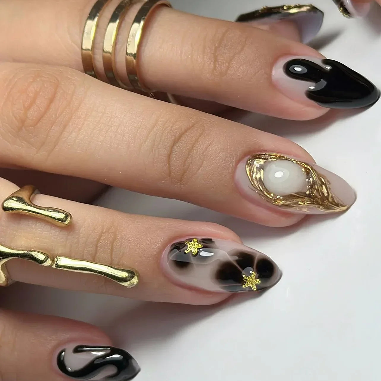 Pink Yellow Halo Dyeing Flower Water Ripple False Nails Leopard Long Pointed Fake Nails Art Press on Nails Charm Manicure
