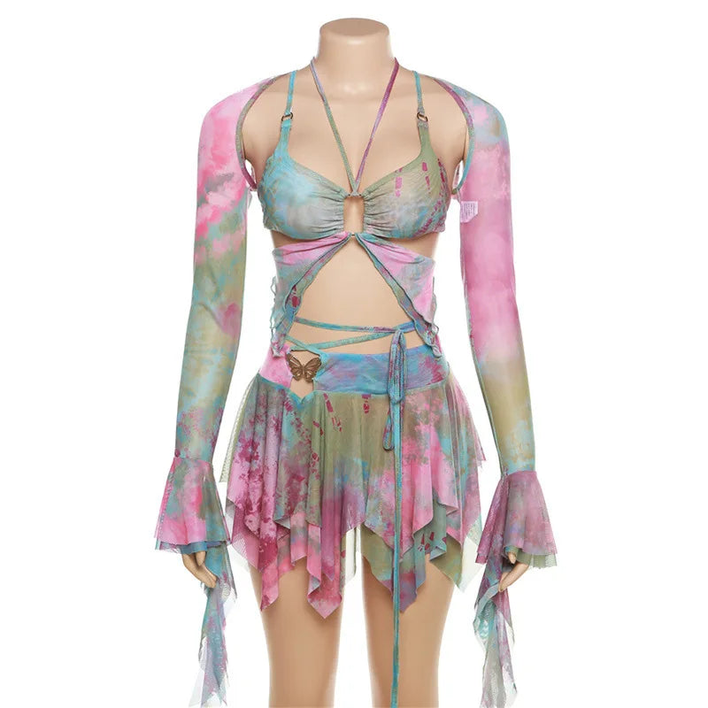 Y2k Ruffle Butterfly 2 Piece Outfit Fairy Backless Crop Top Wrap Mini Skirt Set Rave Festival Matching Set