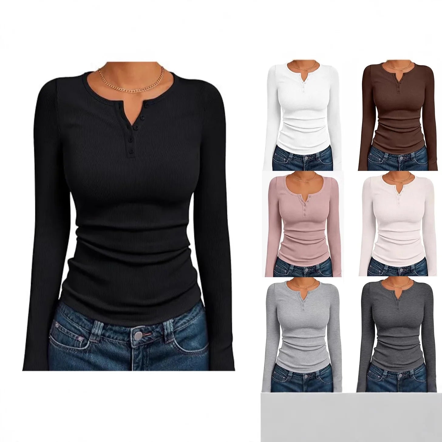 Fashionable Long Sleeve Slim Fit Henry Collar T-Shirt Ribbed Basic Style Top