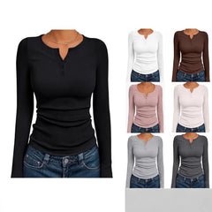 Fashionable Long Sleeve Slim Fit Henry Collar T-Shirt Ribbed Basic Style Top