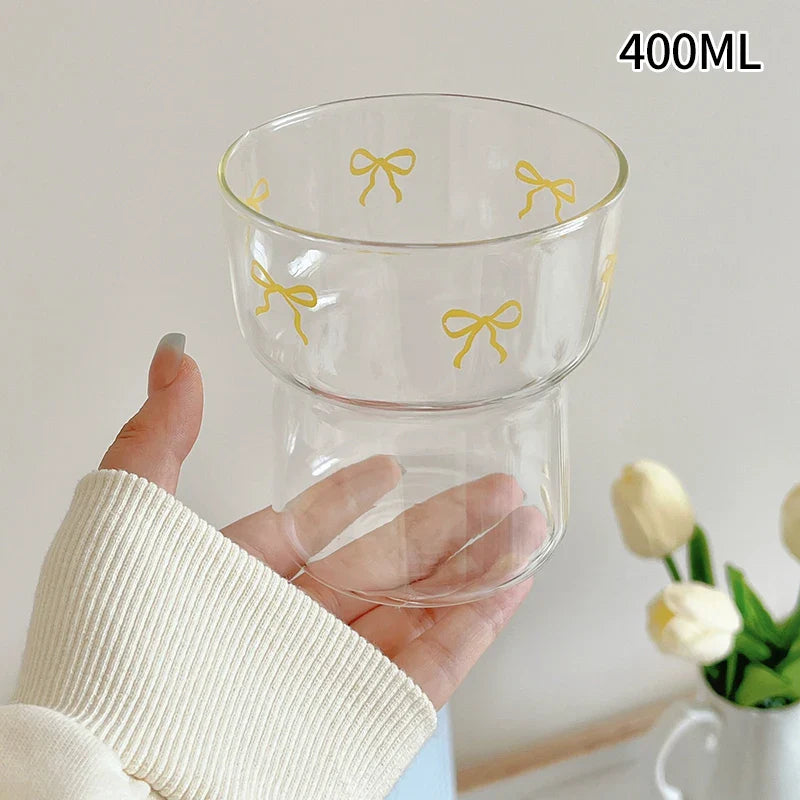 INS Pink Bow Glass Cups Iced Coffee Mug Clear Drinking Glasses Tumbler Milk Tea Juice Water Cup Dessert Cups Drinkware 260-380ML