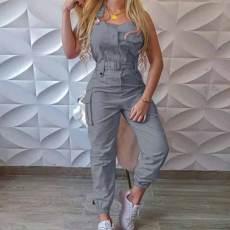Wish Utility Jumpsuit Beltless Sleeveless Simple Tied Pants Working Uniform Cross-border Style from HongKong