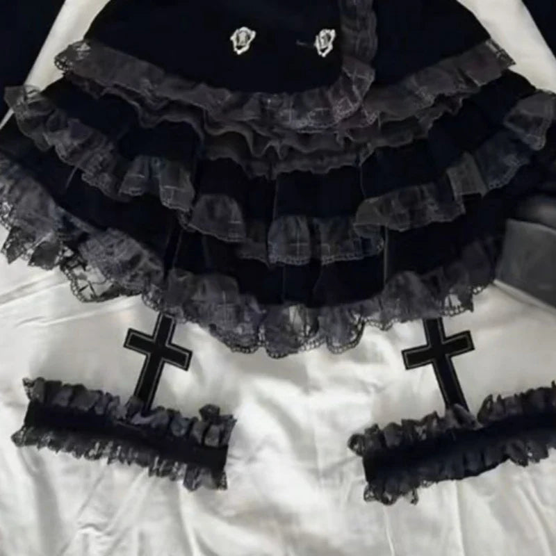 Gothic Palace Style Lace Black 2-piece Set High Street Darkly Slim Patchwork Cross Cake Skirt Suit Y2k Girl Outfits