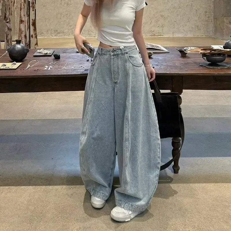 American Washed Loose Wide Leg Knife Edge Jeans High Waist Loose Slimming Floor Length Pants