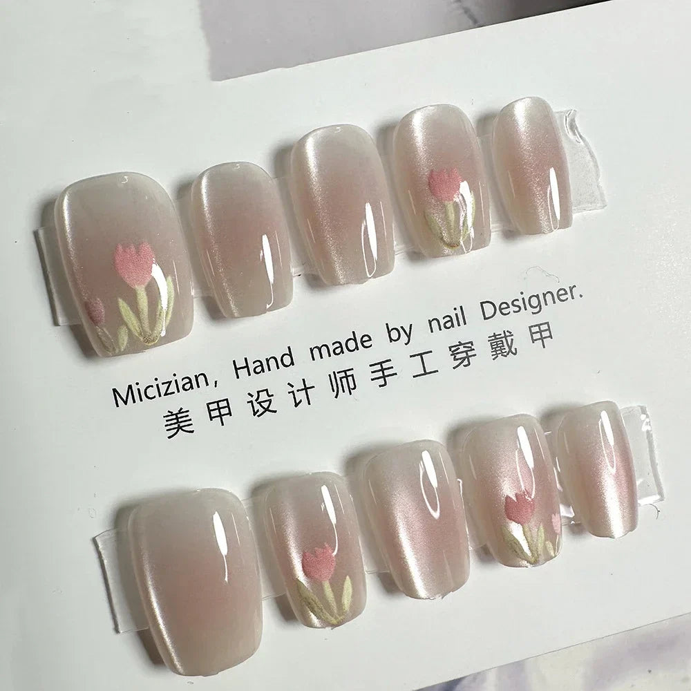 10Pcs Wearable Cat Eyes Series Short Square Press On Nails Kawaii Cartoon Cat Rabbit Rhinestone Gradients Full Cover False Nails