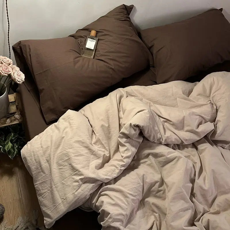 Bedding Set Ins Ambiance Blue Coffee Grid Mixed With Washed Cotton Minimalist Four Piece Set Fitted Sheets Duvet Cover