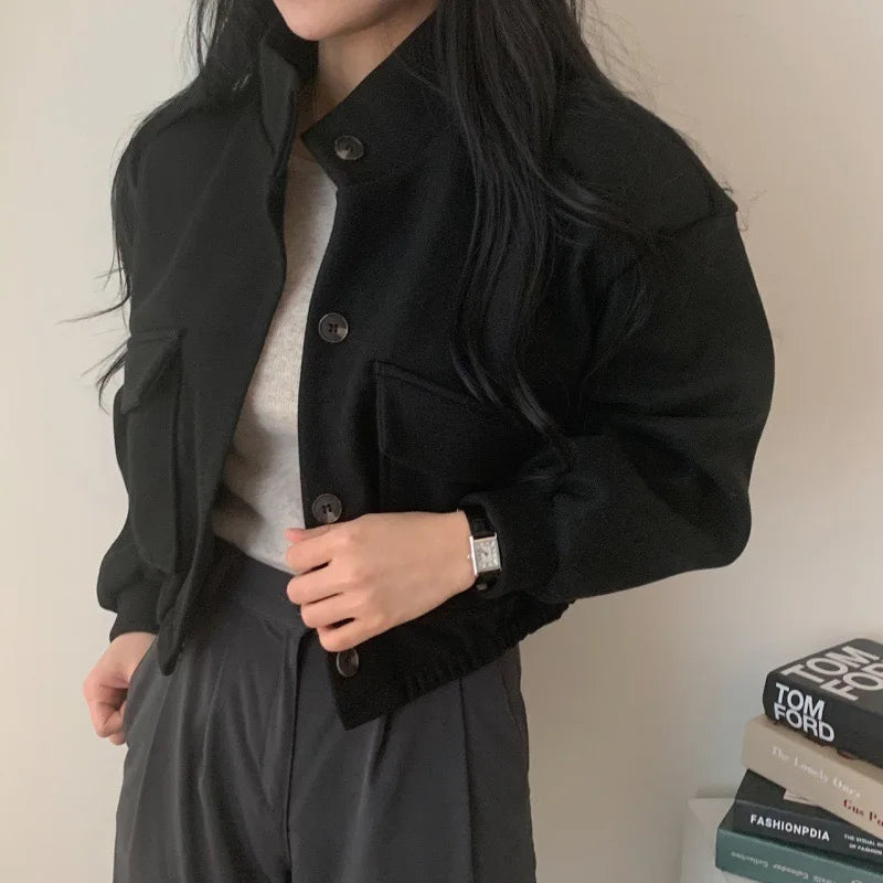 Loose Woolen Coat Large Size with Pockets Small Stand Collar Long Sleeve Button Hong Style Clothing