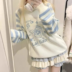 Striped Zipper Y2k Subcultural Long Sleeve Sweater Round Neck Preppy Style Sweet Loose Kawaii Knitted Top