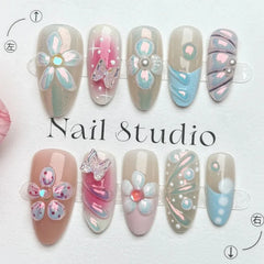 24PCS Sweet Pink Blush French Almond Press on Nails 3D Flower Ripples Fake Nails