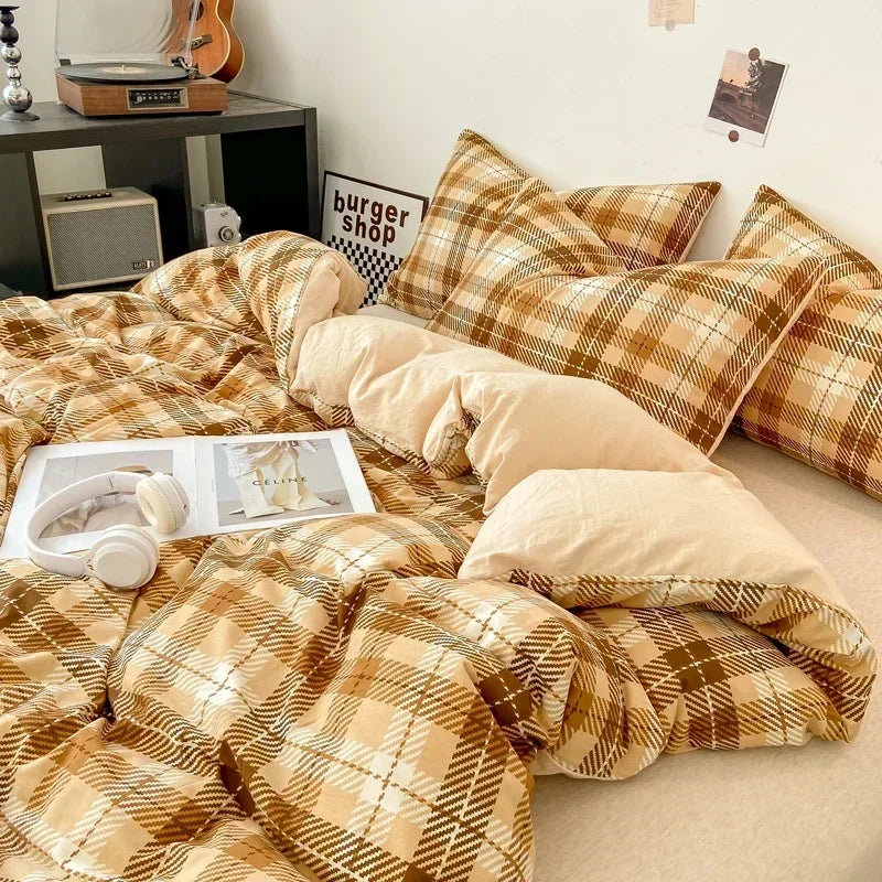 Japanese Style Check Queen Quilt Cover Set 1/3 Pcs Soft Washed Duvet Cover