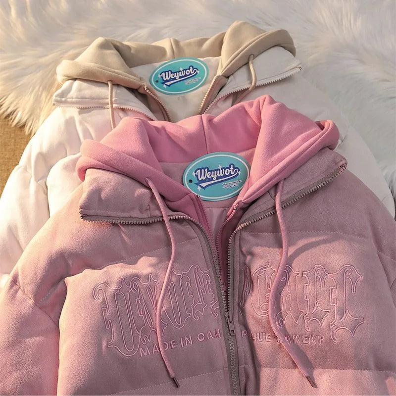 American Niche Ins Fake Two-piece Hooded Bread Coat Y2K Street Loose Retro Couple Coat Tide