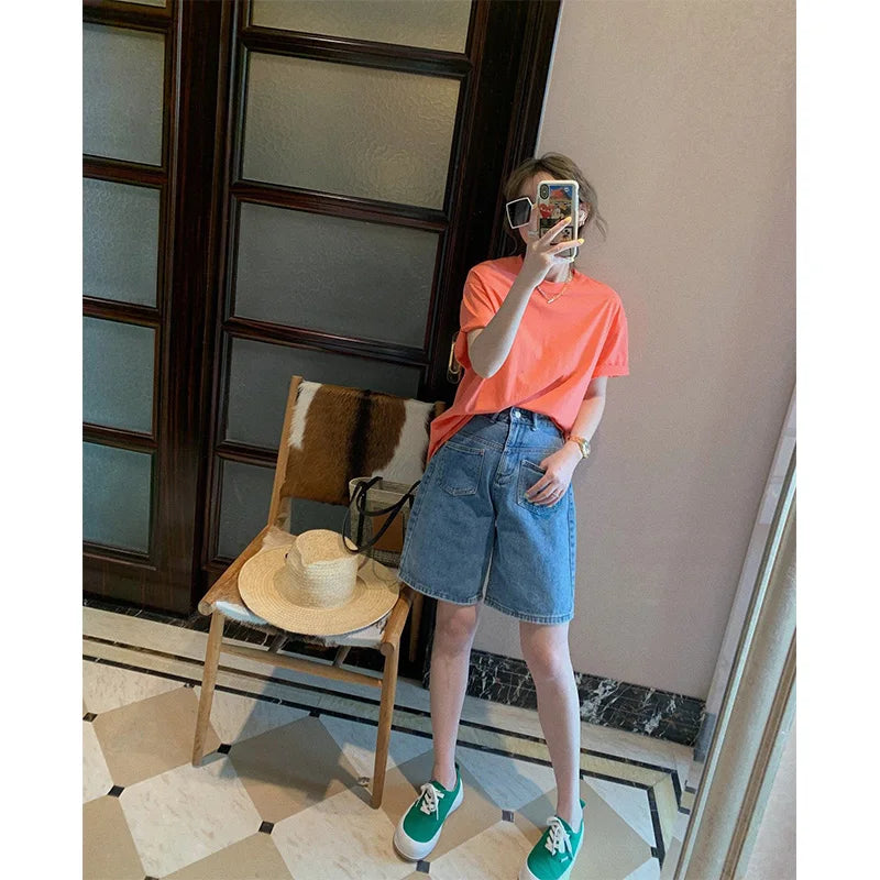 plus Size Denim Wide Leg Shorts Loose Fit Slimming Straight Cut Five-Quarter Trendy Blue Jeans Casual Shorts